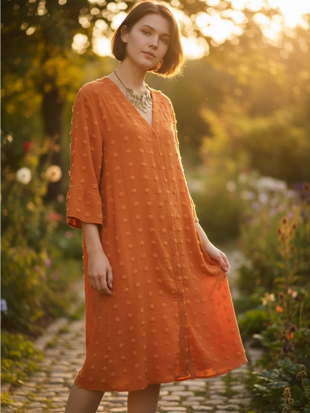 Rust Orange Polka Dot V-Neck Dress